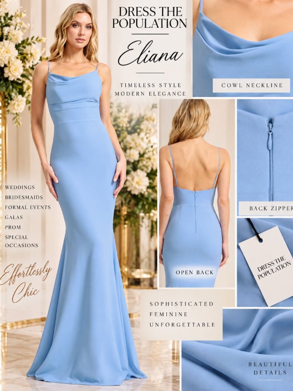 Dress the Population Eliana Sky Blue Cowl Neck Mermaid Formal Gown L NWT